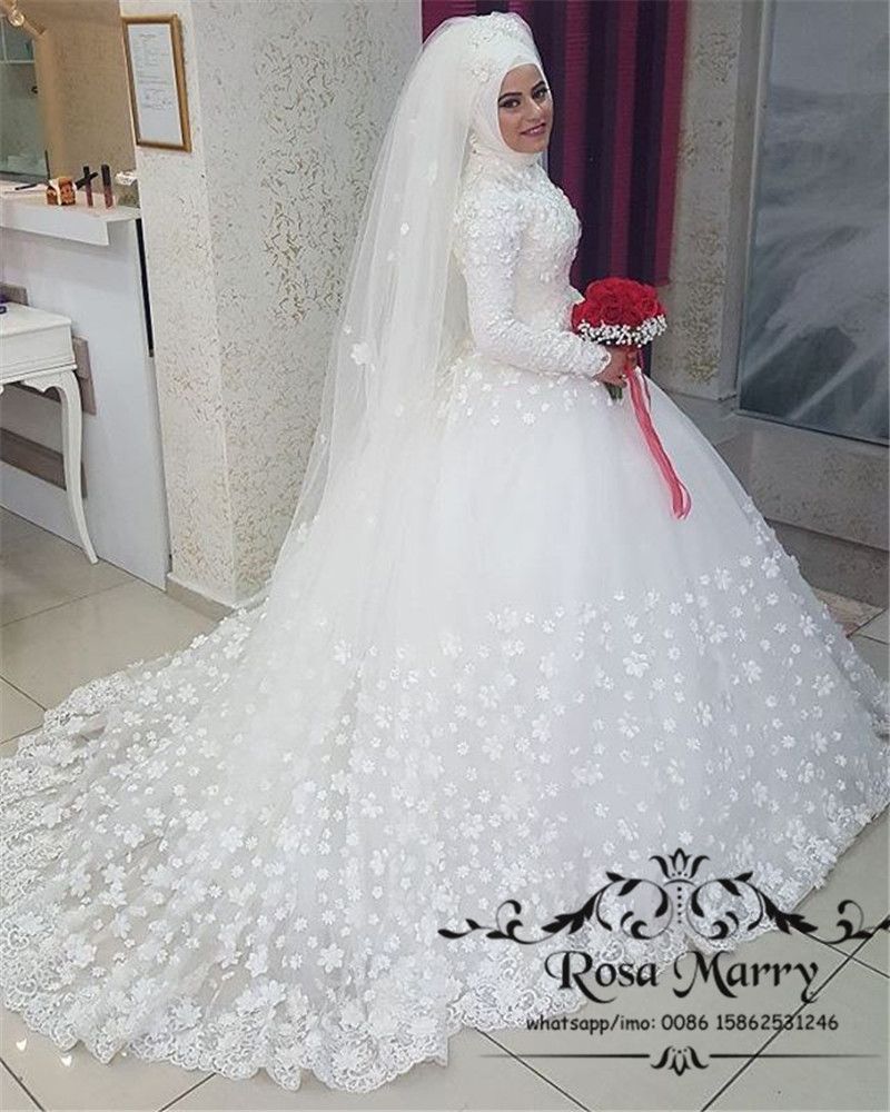 Princess 3D Floral Islamic Hijab  Wedding  Dresses  2022 Ball 