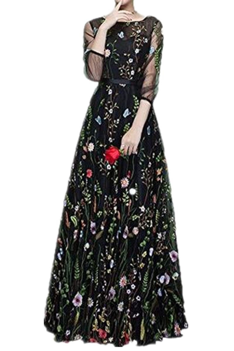 floral embroidered evening gown