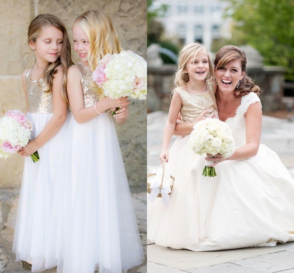 white and champagne flower girl dress