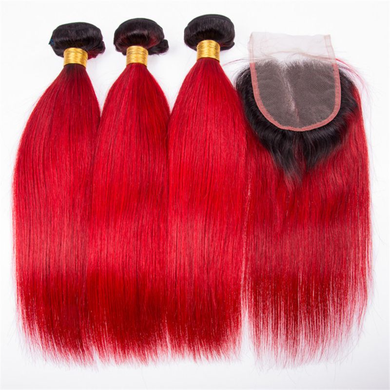 2019 Indian Ombre Hair 3 Bundles With Lace Closure 1b Red Ombre Straight Hair Weaves With Top Closure Dark Roots Red Ombre Hair Extensions From