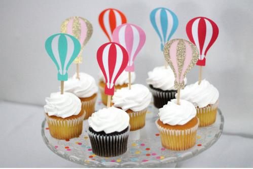 Custom Colorful Hot Air Balloon Cupcake Toppers Birthday Wedding