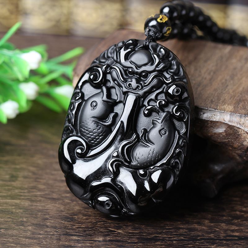 Beautiful Chinese natural obsidian carved dragon jade pendant necklace Dragon
