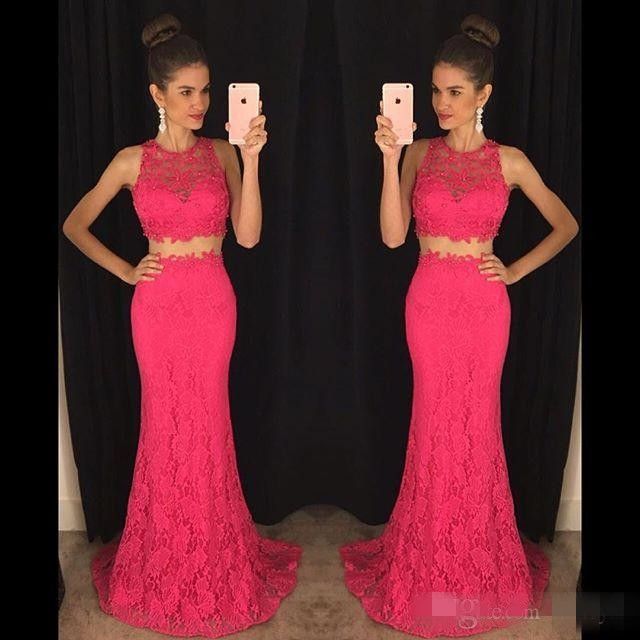 Compra Vestidos De Fiesta Largos De Encaje Elegante Vestidos De Fiesta De  Noche De Sirena Dos Piezas De Cuello Joya Sin Mangas Coral Rosa Ropa De  Mujer De Color Turquesa Fucsia Fucsia