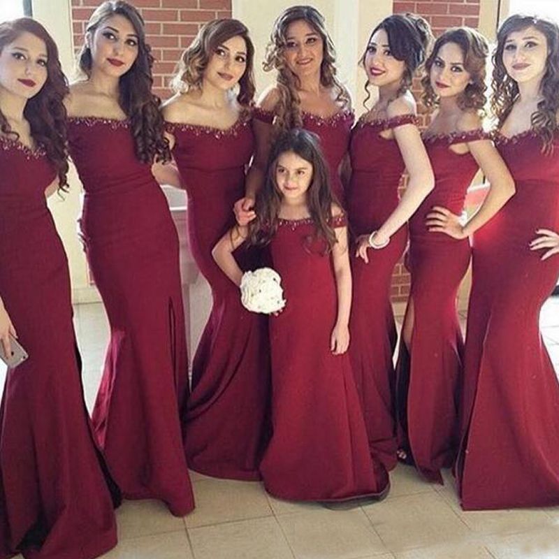 off shoulder burgundy bridesmaid dress