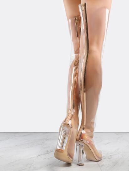Kim Celebrity Lucite Heels Mujeres Plexiglás Botas altas para muslo Borde dorado Transparente Sobre la