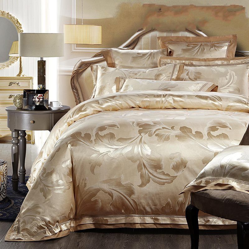 Home Textile Gold Jacquard Satin Bedding Set King Queen 4 Luxury
