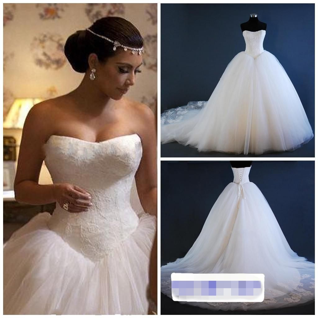 Acheter Kim Kardashian Robes De Mariée Sans Bretelles En Dentelle Corsage Tulle Robe De Bal élégant Corset De Mariée Cour Simple Train 2019 Magnifique