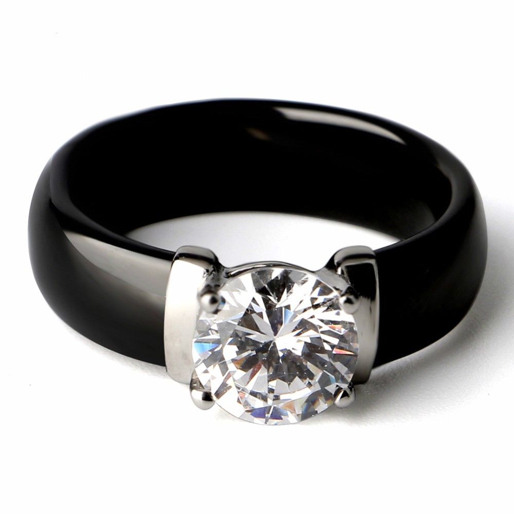 Anillo De Cerámica Negro Blanco De 6 Mm Más Zirconia Cúbica Anillo De Cerámica Negro Blanco De 6 Mm Más Zirconia Cúbica