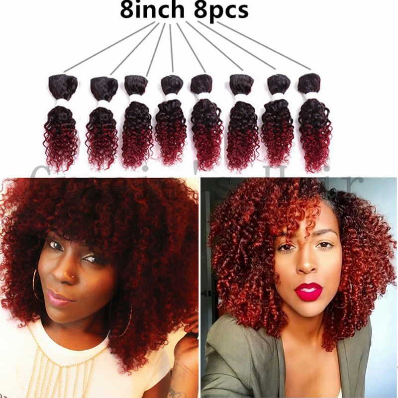 2020 Ombre Burgundy Curly Brazilian Hair Weave Bundles Short