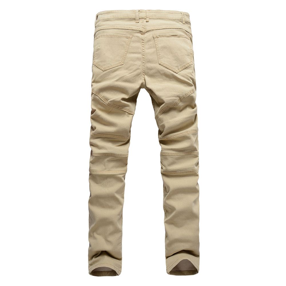 Khaki Biker Jeans Pleated Design Mens 