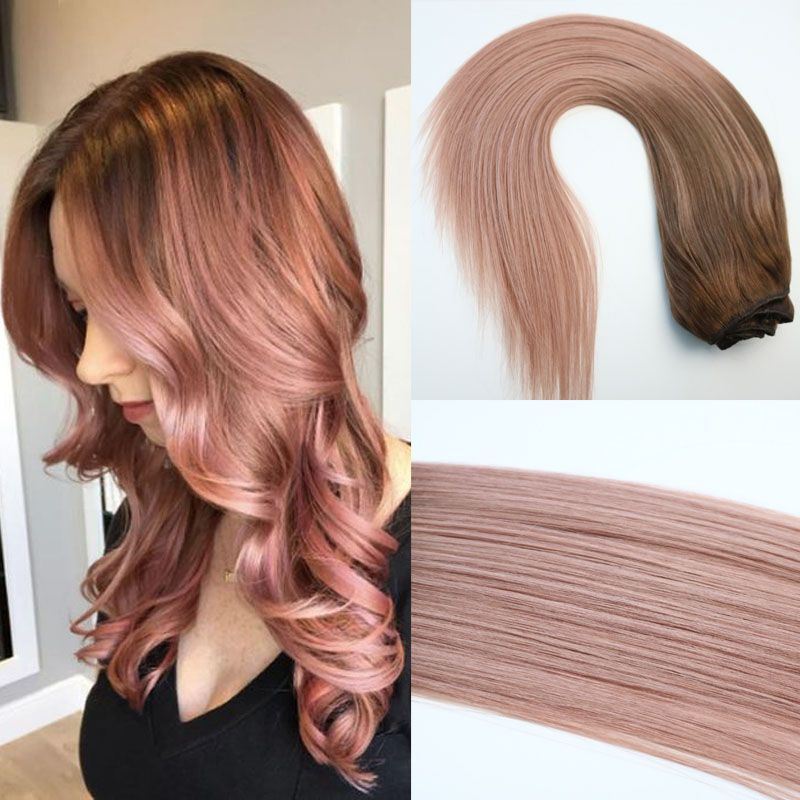 120g Full Head Clip In Human Hair Extensions Ombre Pink Brown Tips