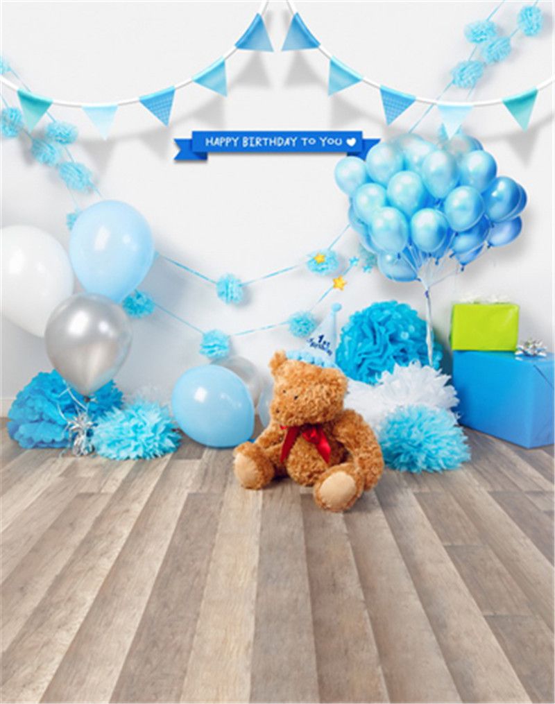 Acheter Pas Cher Nouveau Ne Bebe Anniversaire Photo Toile De Fond Bleu Ballons Ours En Peluche Plancher En Bois Photographie Fond Party Studio Photo Au Pied Prop Du 17 57 Fr Dhgate