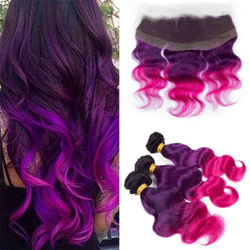 Grosshandel Dunkle Wurzeln 1b Purple Pink Ombre Haar Mit Spitze Frontal Schliessung Drei Ton 1b Lila Pink Ombre Korperwelle Haar Spinnt Mit Frontal