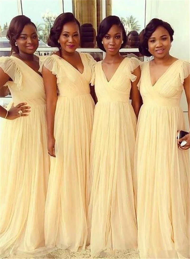 Summer Light Yellow V Neck Bridesmaid Dresses Long 2019 A Line Cap Sleeves Ruched Floor Length African Evening Gowns Wedding Guest Dresses Plum Colored Bridesmaid Dresses Red And White Bridesmaid Dresses From