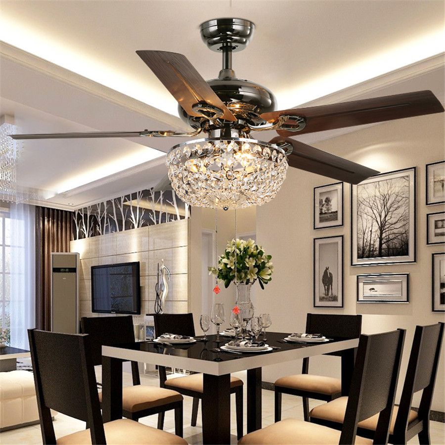 2020 Crystal Ceiling Fan Wood Leaf Antique Fan Light Fan