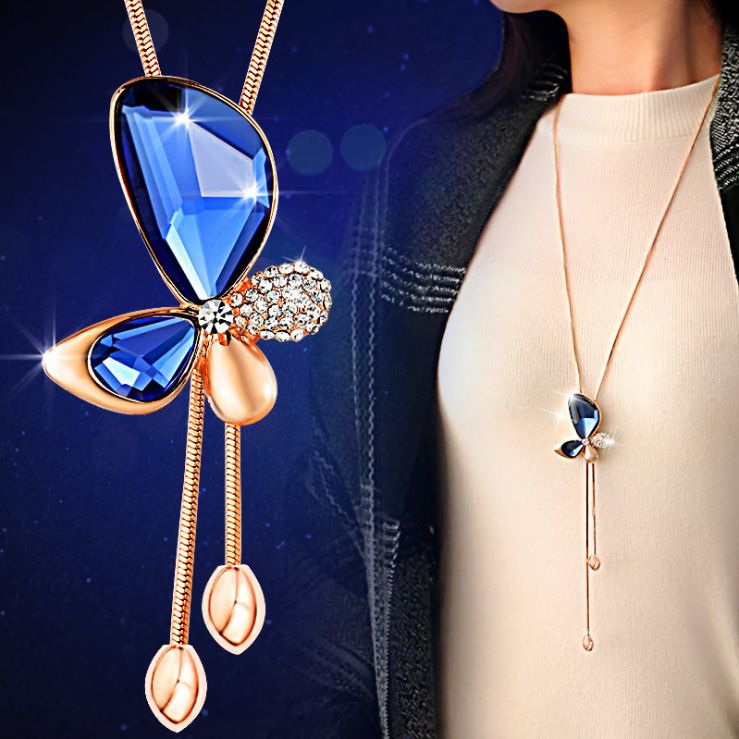 Women Rhinestone Crystal Butterfly Pendant Long Chain Sweater Necklace Fashion