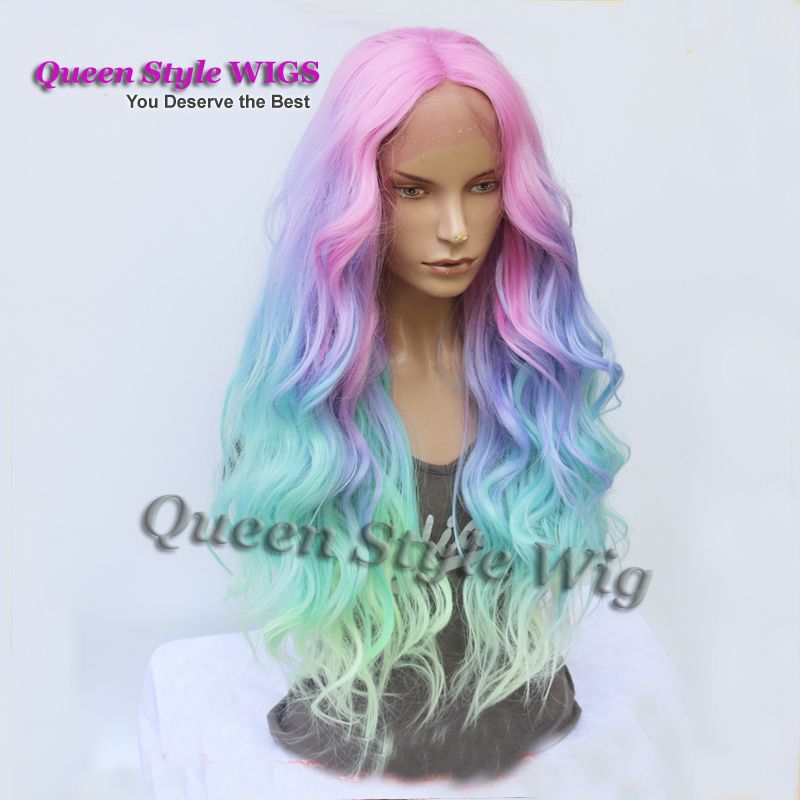 Mermaid Pastel Rainbow Hair Wig Synthetic Rainbow Color Pink