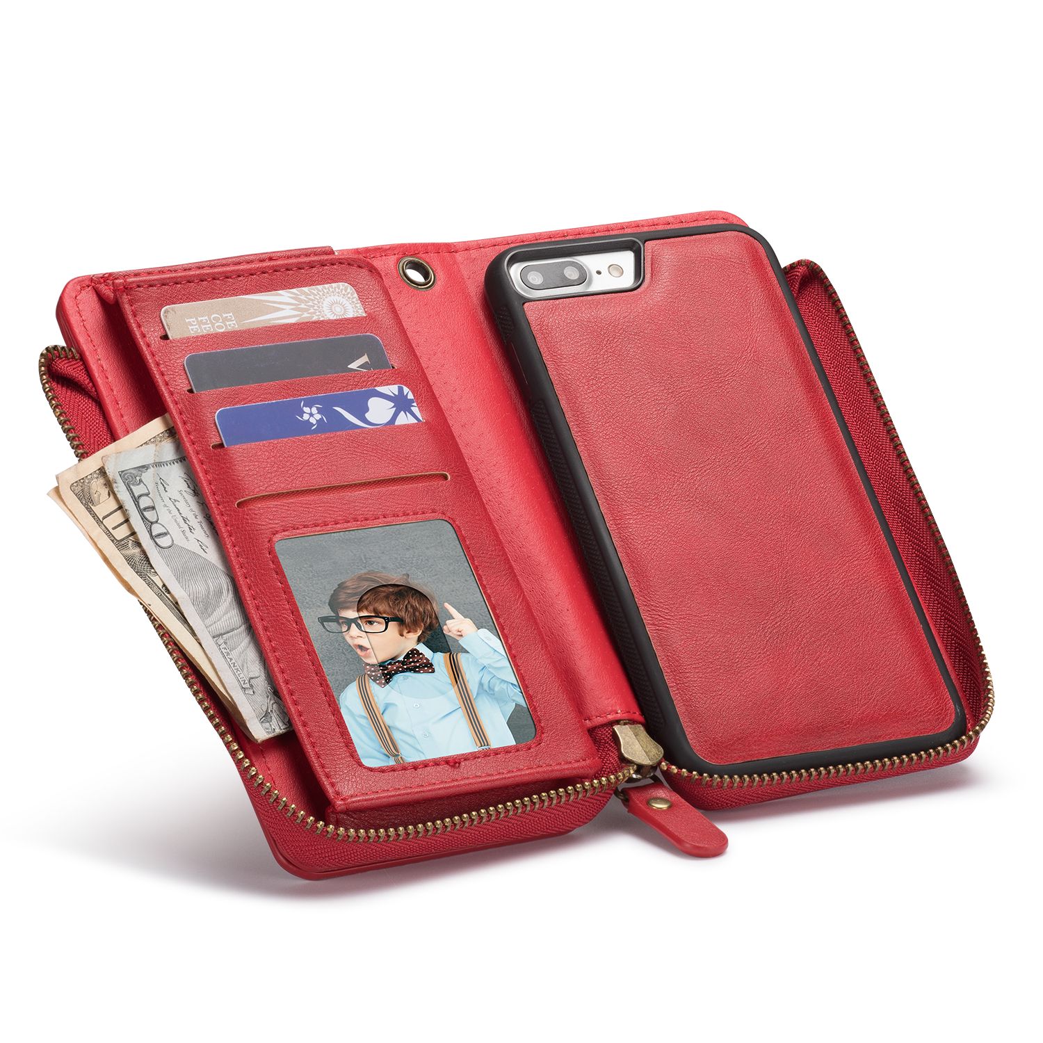 2 In 1 Detachable Removable Zipper Leather 14 Card Money Slop