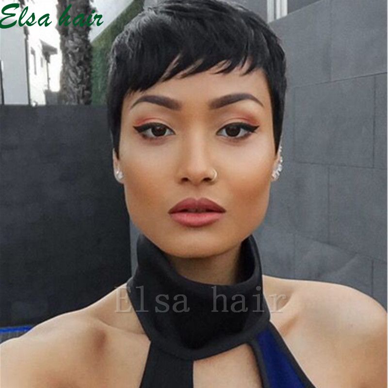 New Human Hair Wig Short Pixie Cut Wig Ladies Black Short Cut Wigs