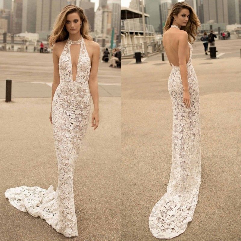 sexy backless halter neck plunged dress