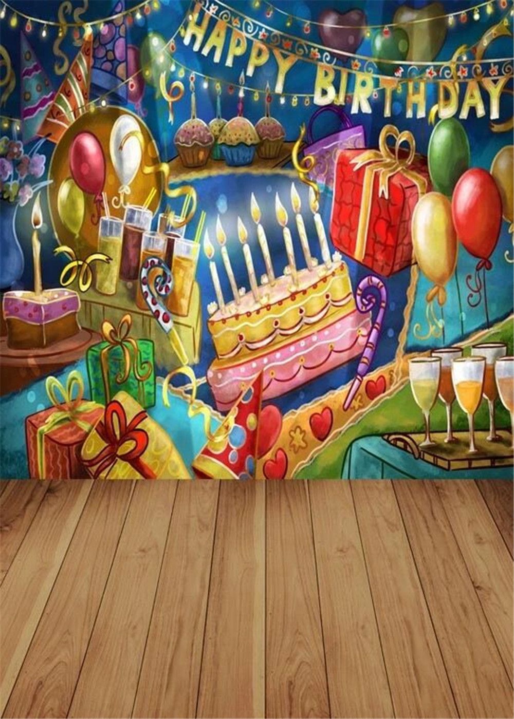 Graffiti Wall Happy Birthday Photography Backdrops Vinyl Printed Cake Gift  Boxes Balloons Children Photo Studio Background Wood Floor