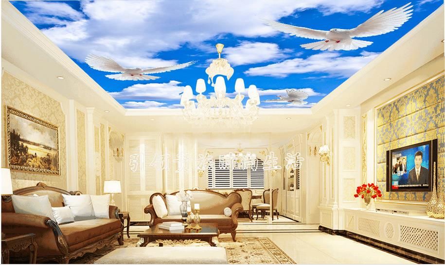 Custom 3d Wallpaper Ceiling Modern Blue White Clouds Pigeons 3d