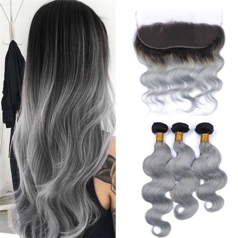 Grosshandel Indisches Jungfrau Haar 1b Graues Ombre Korper Wellen Menschenhaar Spinnt Mit Spitze Frontal Verschluss Tow Tone 1b Graues Ombre Haar Mit