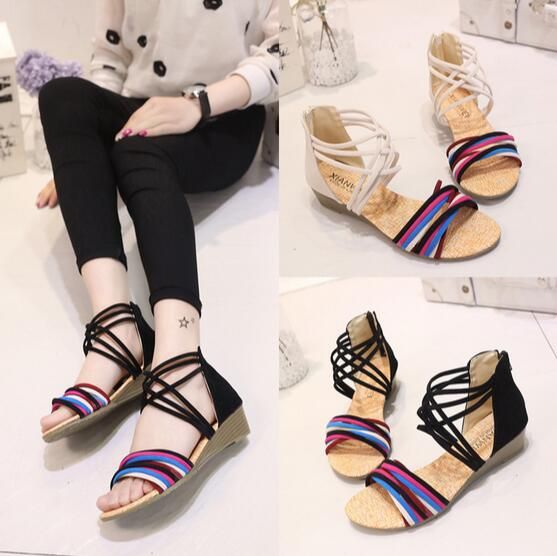 Cheap Fashion White And Black Flat Heel Sandals Fashion Bohemia