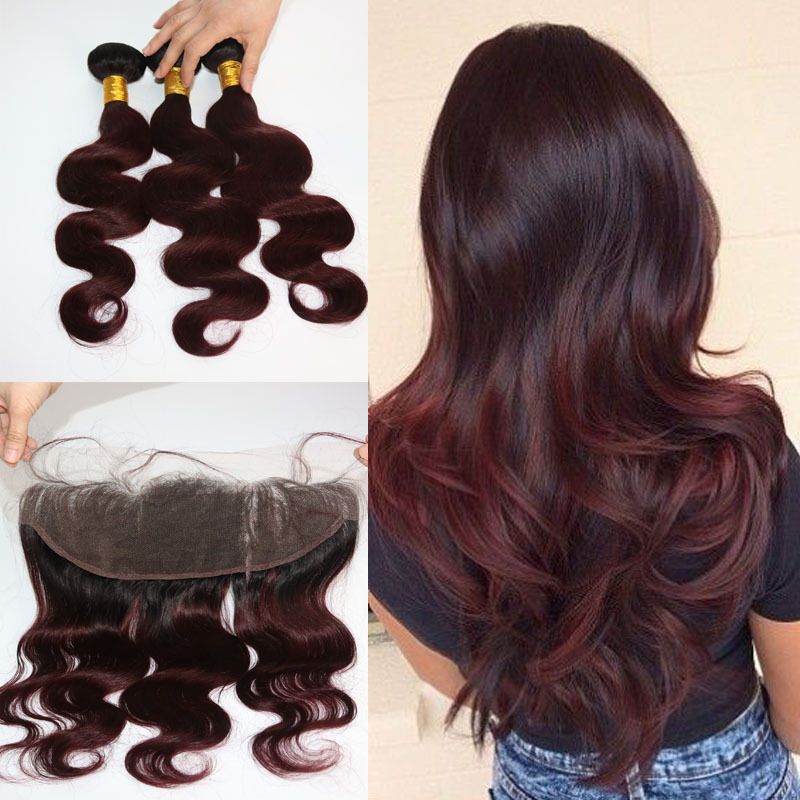 Dark Root Ombre Burgundy Hair Bundles With Lace Frontal 13x4 Wine Red 1b 99j Body Wave Hair Extensions With Lace Frontal Closure Wholesale Hair Weave