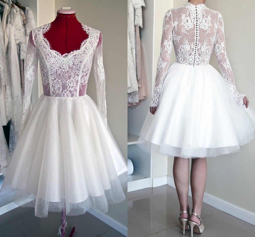 Discount Lace Tulle Short Wedding Dresses Long Sleeves Wedding