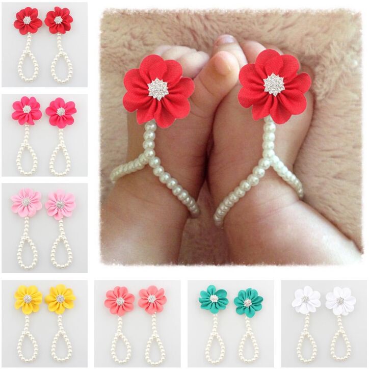Toddler Baby Fashion Trendy Pearl Chiffon Barefoot Yellow Mapletop Baby Foot Flower Anklet 
