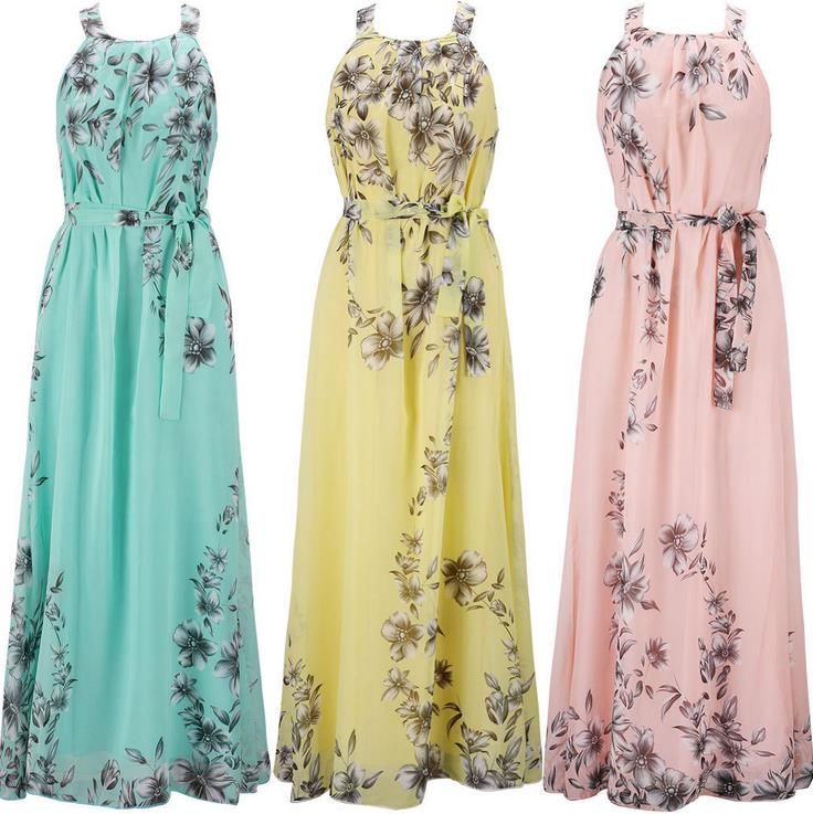 Women Floral Long Chiffon Long Dress Summer Beach Dress Sexy
