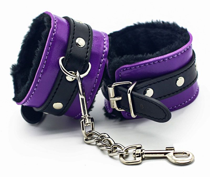 Purple Soft Pu Leather Handcuffs Comfortable Furry Fetish Restraint