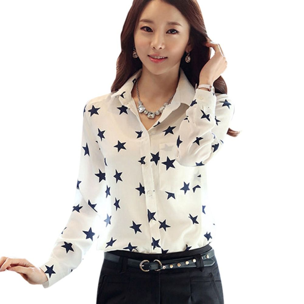 2020 Summer Women Casual Shirt Star Button Down Collar Long