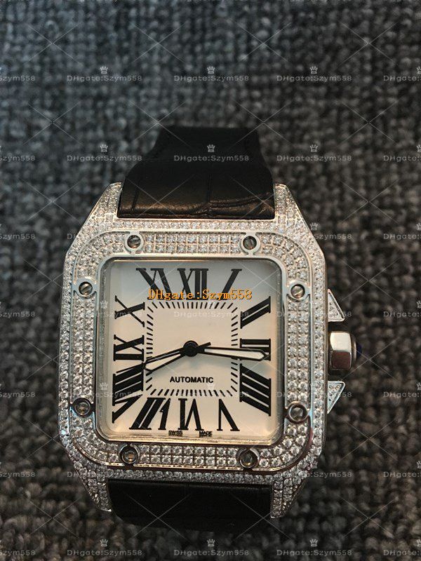 Santos100 Full Diamond Watch High Quality Automatic Movement Mechanical Man Watch 42mm Silver Leather Strap 316 Stainless Steel Iced Out Wat Wrist Watches Online Wrist Watches Online Shopping From Szym558 173 06 Dhgate Com