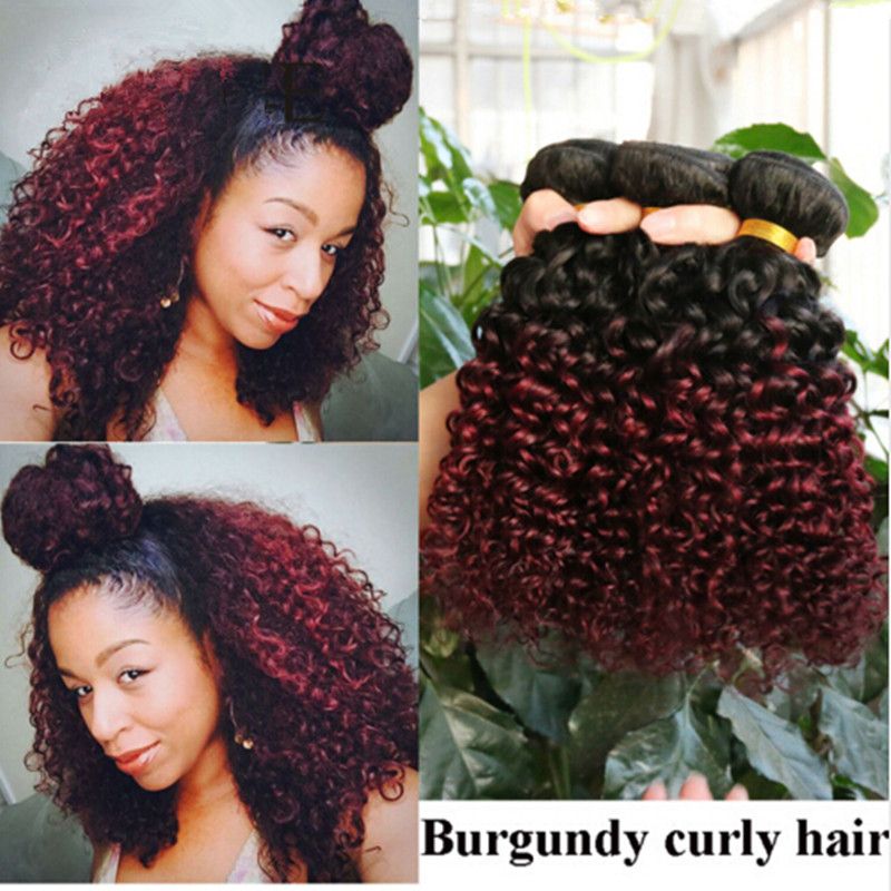 Brazilian Kinky Curly Wine Red Ombre Hair Extensions Two Tone 1b
