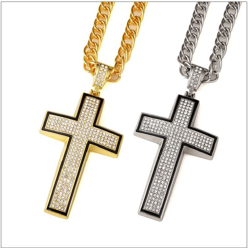 Cross Pendant Necklace Long Thick Chain 