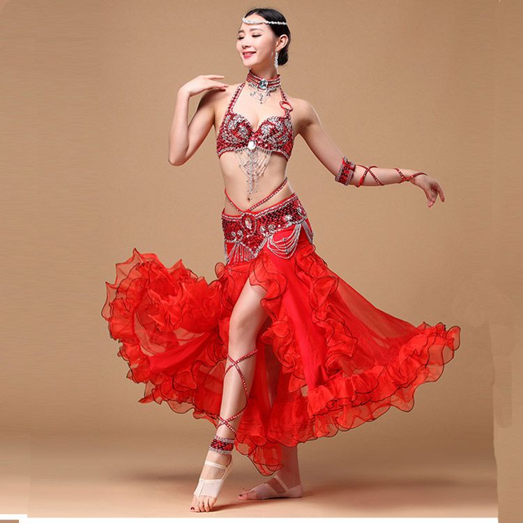 Beaded Wing Outfit R\u00eave Oriental Belly Dance Cabaret Show Outfit Pleated Brocade Skirt Custom-Made