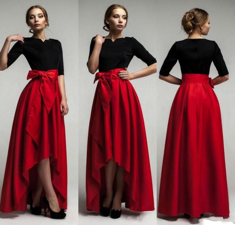 2017 Nuevo Elegante Rojo tafetán Faldas altas para mujer Moda Cinturón Longitud del piso Girls