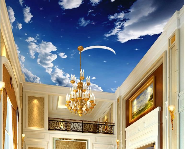 3d Ceiling Custom 3d Blue Sky White Clouds Crescent Stars Sky Art Wallpaper For Ceilings 3d Wallpaper Living Room Wallpaper Ceiling Modern Flower