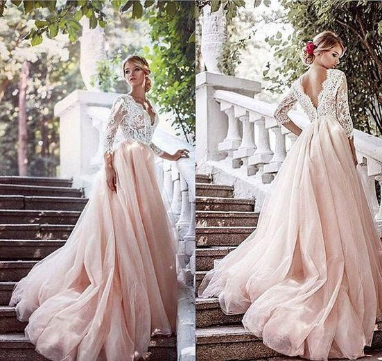 long sleeve lace blush wedding dress