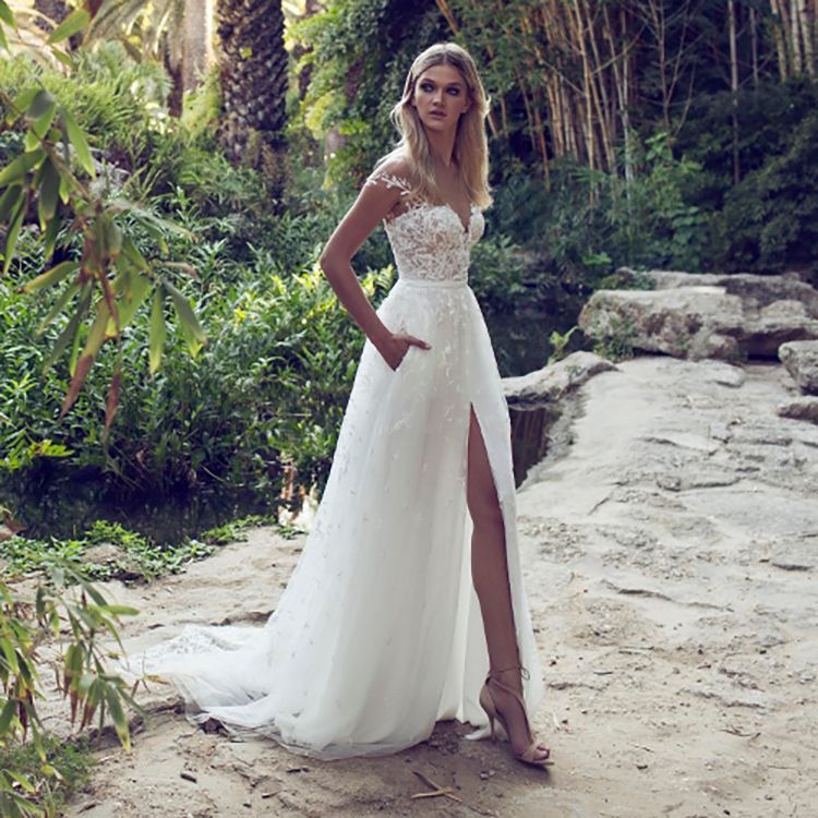 strapless lace wedding dress with train
