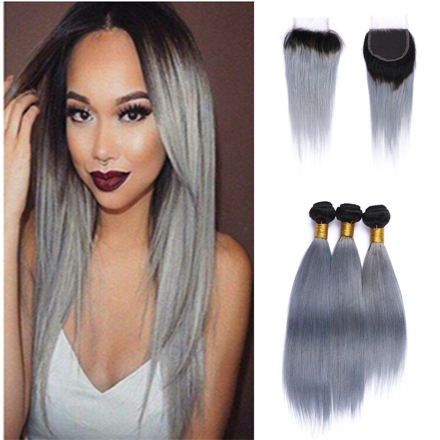 2019 Two Tone 1b Grey Brazilian Virgin Hair Weave Lace Closure With Bundles Straight Human Hair Extensions Ombre Silver Gray Hair With Closure From