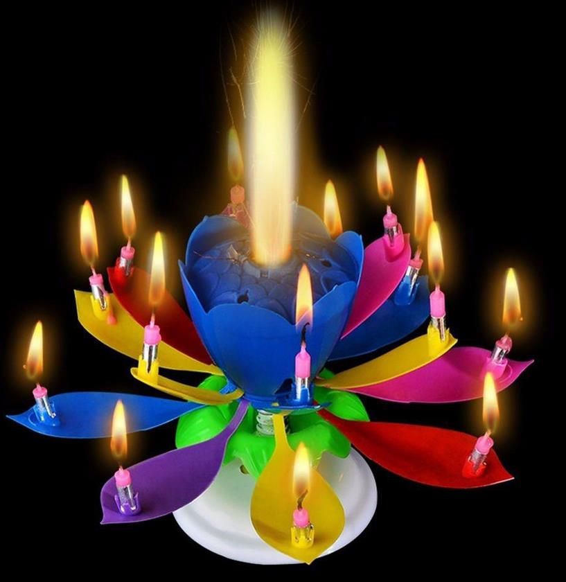 Musical Birthday Candle Magic Lotus Flower Candles Blossom Rotating Spin Party Candle 14 Small