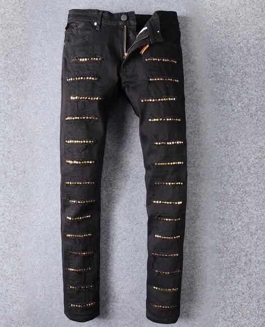 2021 Mens Holes Jeans New Rhinestone Decoration Jeans Manual Paste Crystal Golden Wings Black