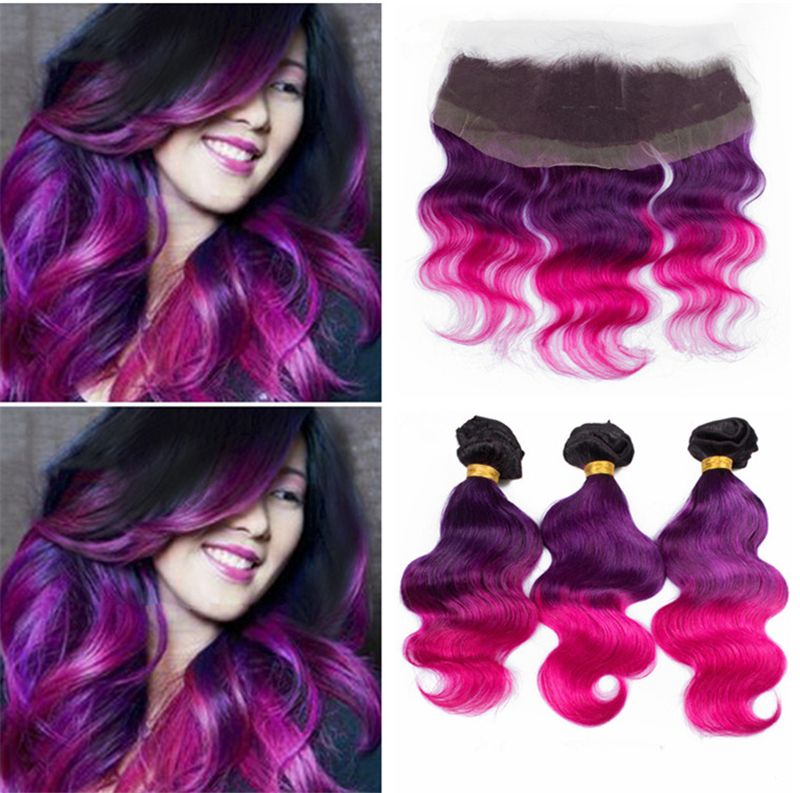 2020 Three Tone 1b Purple Pink Ombre Hair Bundles With Lace