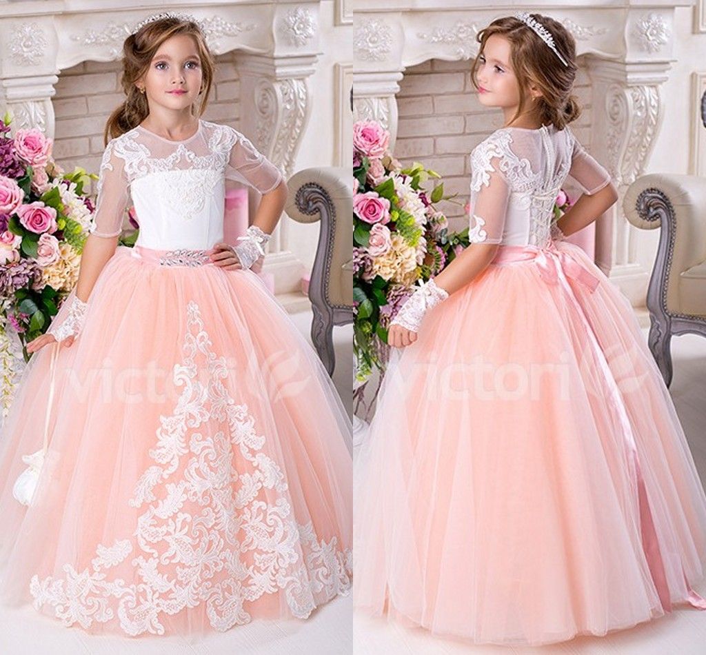 Blush Pink 2016 Lace Ball Gown Tulle Flower Girl Dresses Vintage Flower