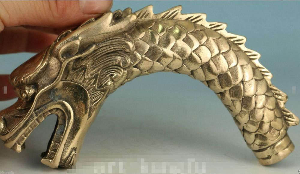 Chinois en cuivre ancien sculpté réaliste Dragon Canne Tête statue