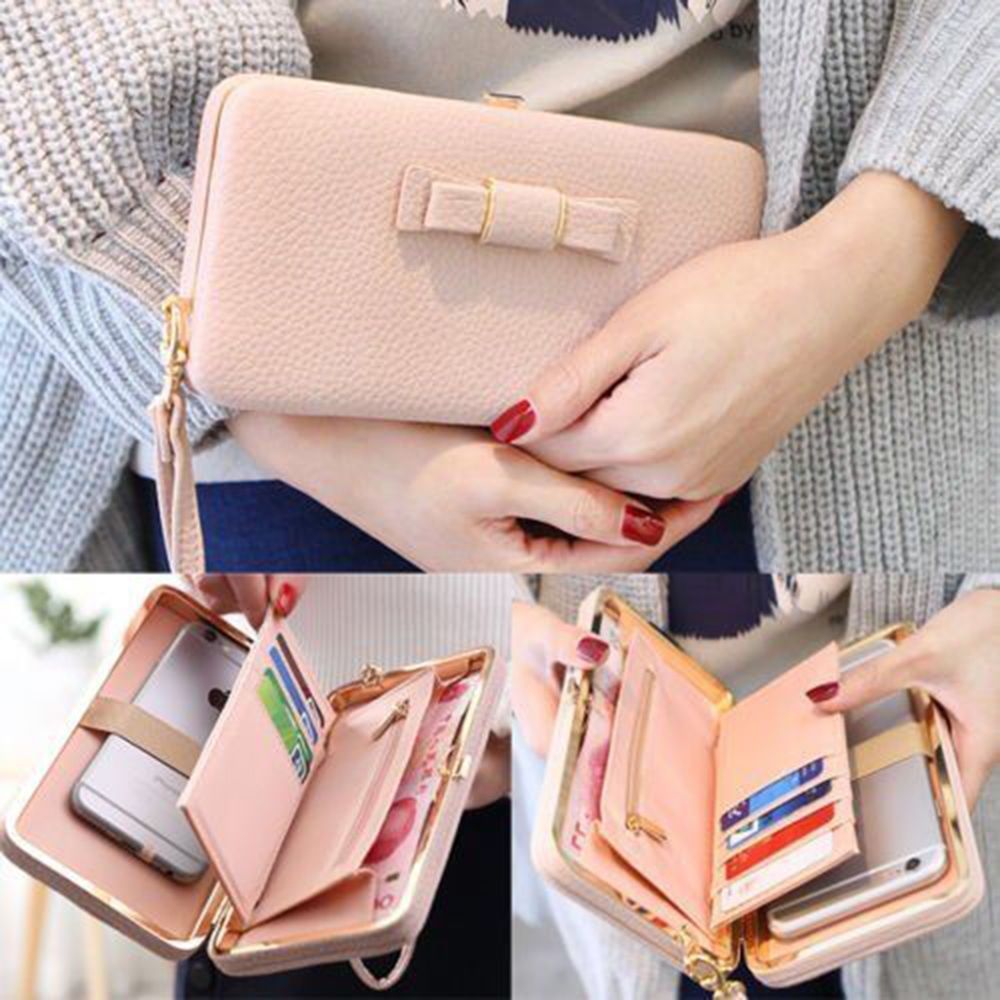 Taoqiao Women Bowknot Wallet Long Purse Phone Card Holder Clutch Large Capacity Pocket（Cherry blossom pink