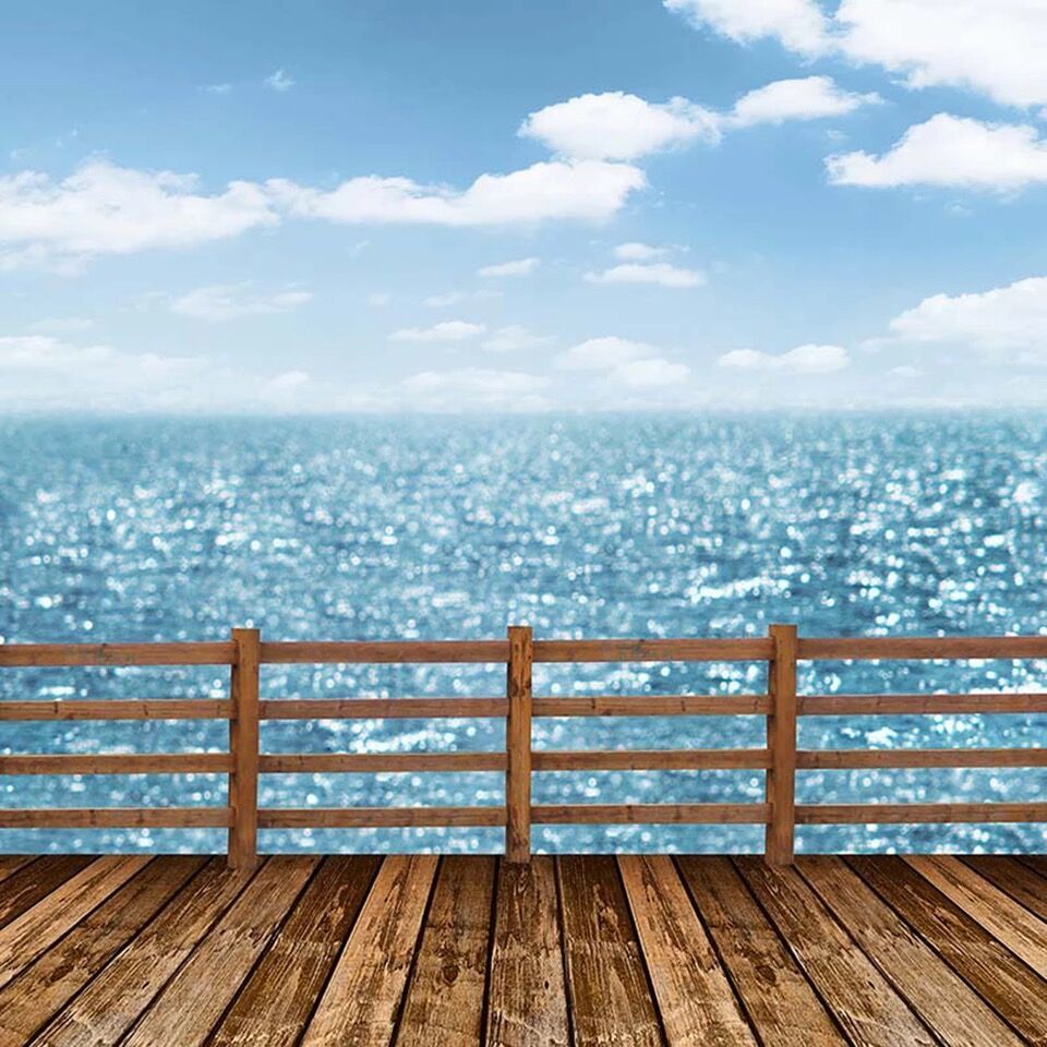 Light Blue Sky Sparkling Seawater Beach Themed Wedding Photography Backdrop Wood Flooring Wooden Railing Studio Photo Shoot Backgrounds From Backdropsfactory 17 19 Dhgate Com